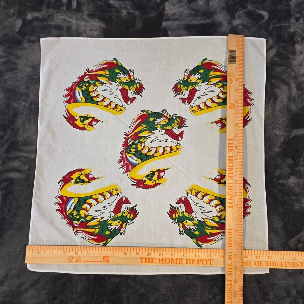 Vintage Chinese Dragon Print White Cotton Bandana Y2K Streetwear Neckerchief